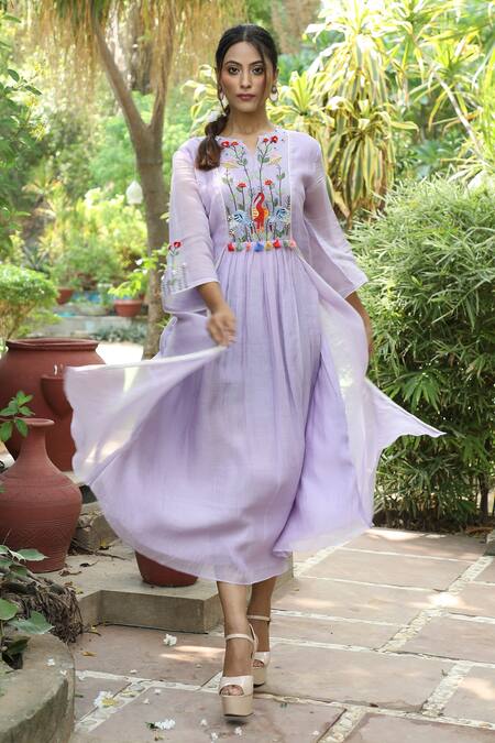 Shop_Desert Shine By Sulochana Jangir_Purple Handloom Cotton Tassels Split Embroidered Handwoven Chanderi Tunic_Online_at_Aza_Fashions