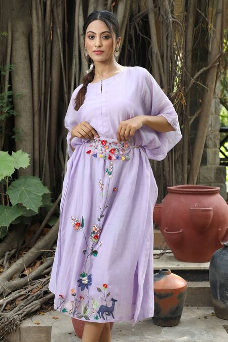 Shop_Desert Shine By Sulochana Jangir_Purple Chanderi Embroidery Round Neck Deer And Duck Kaftan_Online_at_Aza_Fashions