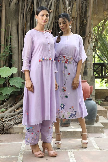Desert Shine By Sulochana Jangir_Purple Chanderi Tassels, Embroidery Round Neck Pintucked Kurta And Salwar Set_Online_at_Aza_Fashions