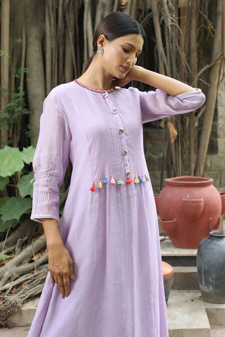 Shop_Desert Shine By Sulochana Jangir_Purple Chanderi Tassels, Embroidery Round Neck Pintucked Kurta And Salwar Set_Online_at_Aza_Fashions