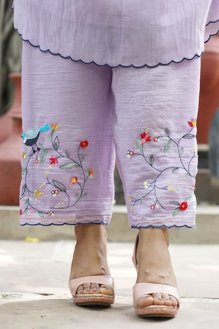 Desert Shine By Sulochana Jangir_Purple Chanderi Tassels, Embroidery Round Neck Pintucked Kurta And Salwar Set_at_Aza_Fashions