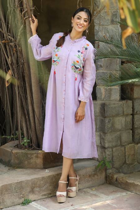 Desert Shine By Sulochana Jangir_Purple Chanderi Embroidery High Neck Nature Pattern Shirt Dress_Online_at_Aza_Fashions