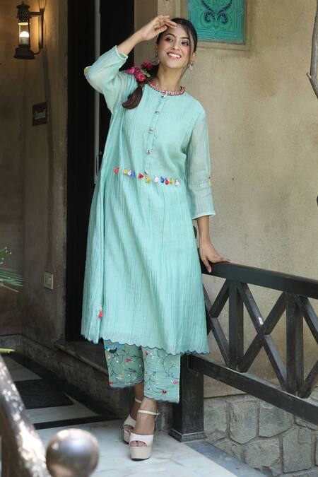 Buy_Desert Shine By Sulochana Jangir_Green Chanderi Tassels, Embroidery Round Neck Pintucked Kurta And Salwar Set_Online_at_Aza_Fashions