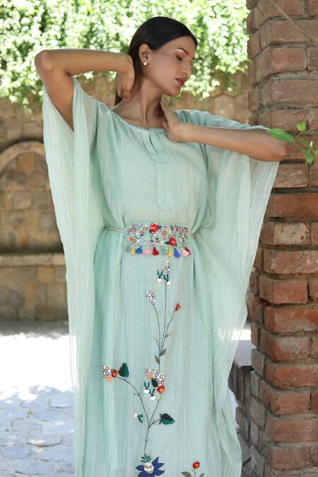 Buy_Desert Shine By Sulochana Jangir_Green Chanderi Beads, Tassels, Embroidery Round Neck Deer And Duck Kaftan_Online_at_Aza_Fashions