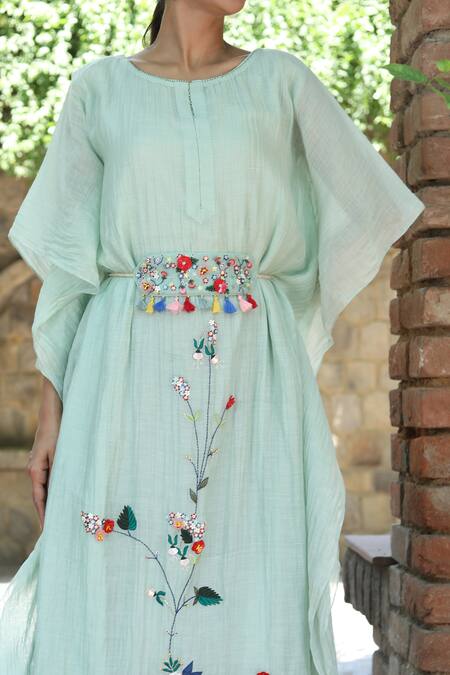 Shop_Desert Shine By Sulochana Jangir_Green Chanderi Beads, Tassels, Embroidery Round Neck Deer And Duck Kaftan_Online_at_Aza_Fashions