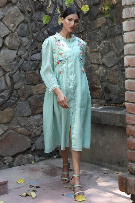 Buy_Desert Shine By Sulochana Jangir_Blue Chanderi Embroidery Round Neck Dress_Online_at_Aza_Fashions