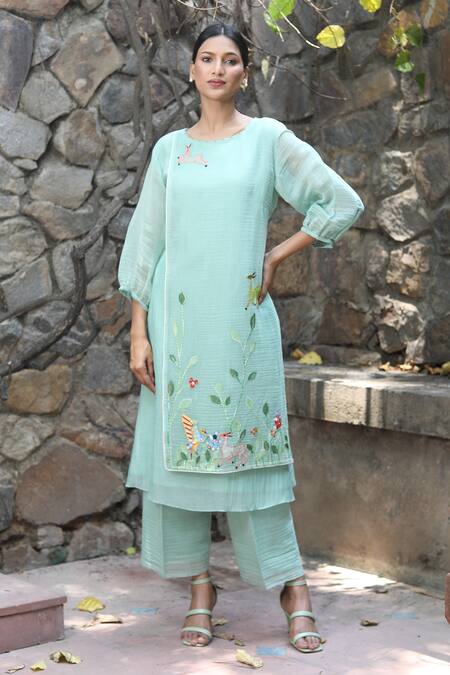 Buy_Desert Shine By Sulochana Jangir_Green Chanderi Embroidery, Patchwork Round Neck Kurta And Pant Set