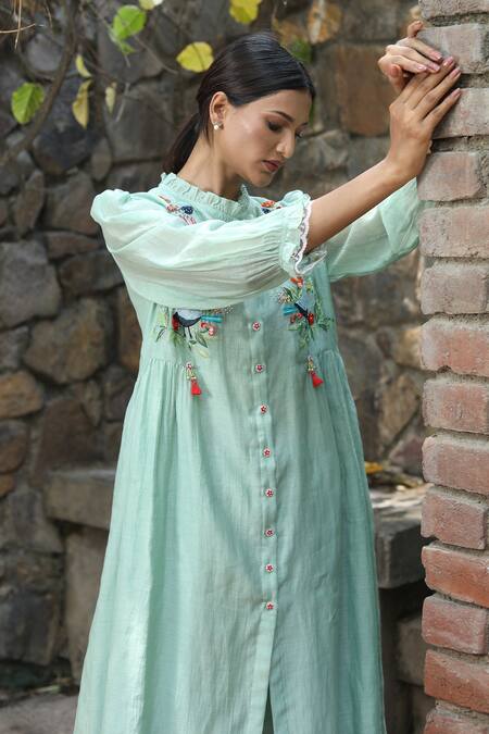 Shop_Desert Shine By Sulochana Jangir_Blue Chanderi Embroidery Round Neck Dress_Online_at_Aza_Fashions