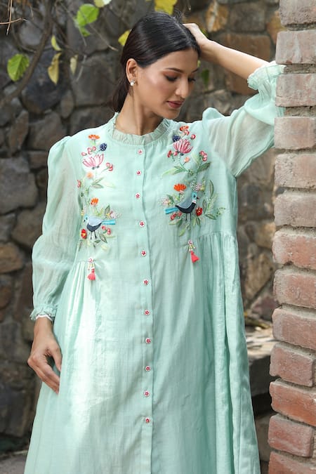 Desert Shine By Sulochana Jangir_Blue Chanderi Embroidery Round Neck Dress_at_Aza_Fashions