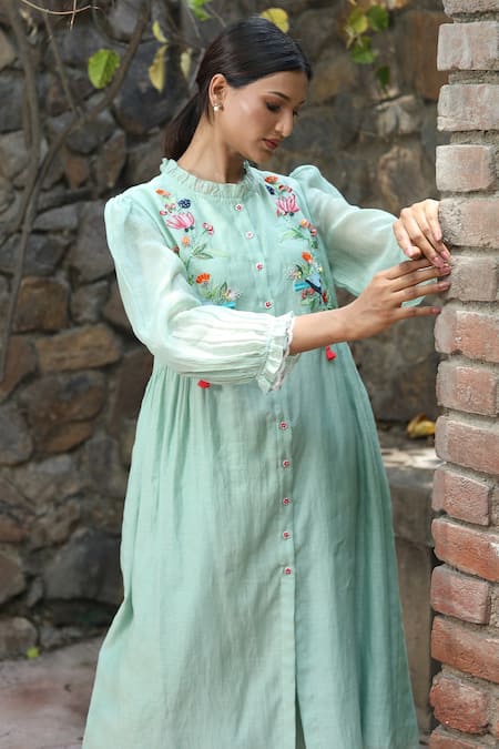 Buy_Desert Shine By Sulochana Jangir_Blue Chanderi Embroidery Round Neck Dress