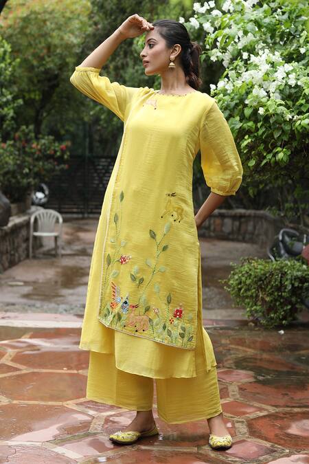 Buy_Desert Shine By Sulochana Jangir_Yellow Handloom Cotton, Chanderi Embroidery, Sheer Sleeved Kurta And Pant Set_Online_at_Aza_Fashions