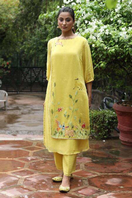 Shop_Desert Shine By Sulochana Jangir_Yellow Handloom Cotton, Chanderi Embroidery, Sheer Sleeved Kurta And Pant Set_Online_at_Aza_Fashions