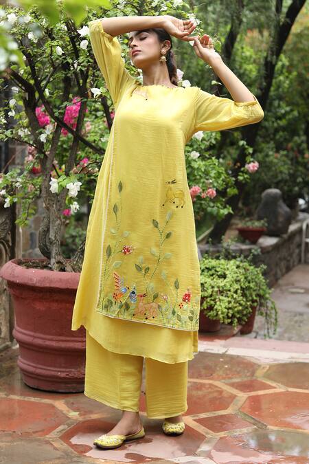 Buy_Desert Shine By Sulochana Jangir_Yellow Handloom Cotton, Chanderi Embroidery, Sheer Sleeved Kurta And Pant Set
