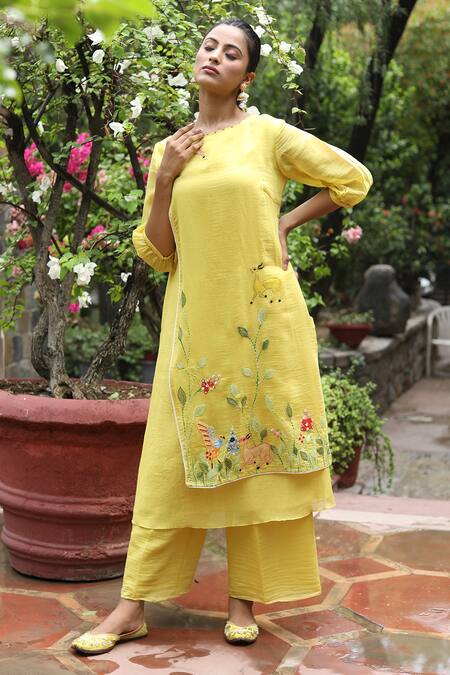 Shop_Desert Shine By Sulochana Jangir_Yellow Handloom Cotton, Chanderi Embroidery, Sheer Sleeved Kurta And Pant Set