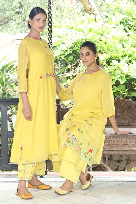 Desert Shine By Sulochana Jangir_Yellow Chanderi Tassels, Embroidery Handwoven Kurta And Aari Work Salwar Set_Online_at_Aza_Fashions
