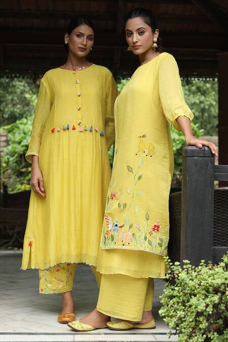 Buy_Desert Shine By Sulochana Jangir_Yellow Chanderi Tassels, Embroidery Handwoven Kurta And Aari Work Salwar Set_Online_at_Aza_Fashions