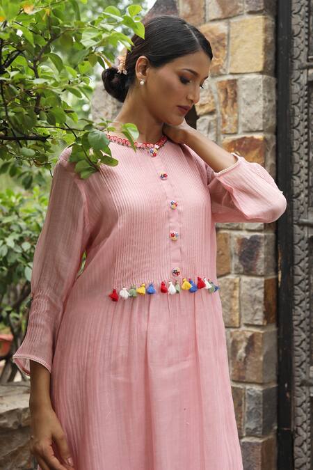 Buy_Desert Shine By Sulochana Jangir_Pink Chanderi Tassels, Embroidery Round Neck Pintucked Kurta And Aari Salwar Set _Online_at_Aza_Fashions
