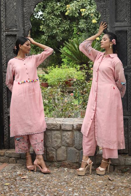 Shop_Desert Shine By Sulochana Jangir_Pink Chanderi Tassels, Embroidery Round Neck Pintucked Kurta And Aari Salwar Set _Online_at_Aza_Fashions