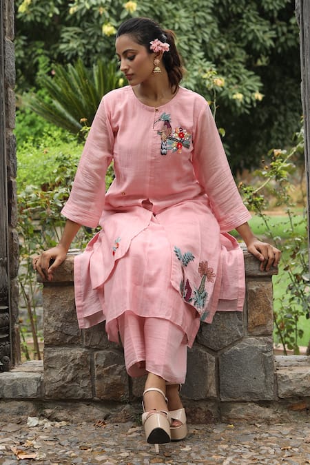 Desert Shine By Sulochana Jangir_Pink Handloom Cotton, Chanderi Embroidery, Patchwork Motif Kurta And Pant Set_Online_at_Aza_Fashions