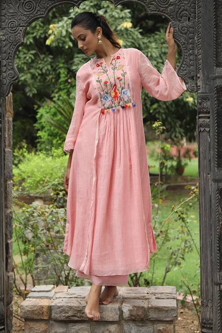 Buy_Desert Shine By Sulochana Jangir_Pink Chanderi Tassels Split V-neck Resham Embroidered Dress_Online_at_Aza_Fashions