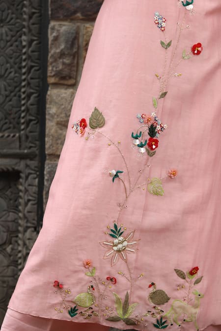 Buy_Desert Shine By Sulochana Jangir_Pink Chanderi Embroidery Round Neck Forest Kurta And Flared Pant Set_Online_at_Aza_Fashions