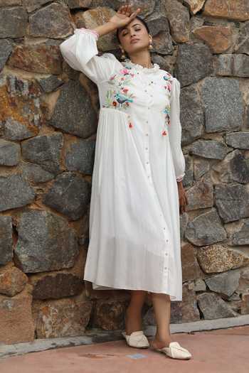 Desert Shine By Sulochana Jangir_White Chanderi Embroidery High Neck Nature Motif Shirt Dress_Online_at_Aza_Fashions