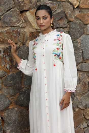 Buy_Desert Shine By Sulochana Jangir_White Chanderi Embroidery High Neck Nature Motif Shirt Dress_Online_at_Aza_Fashions