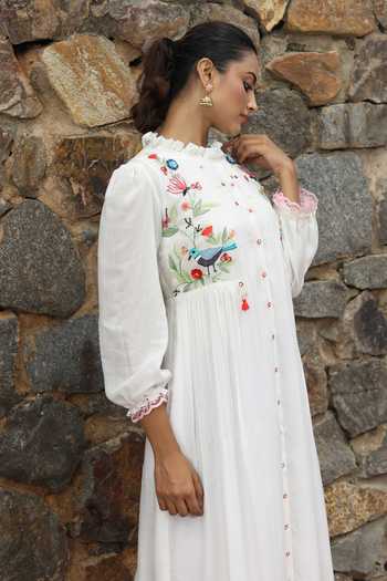 Shop_Desert Shine By Sulochana Jangir_White Chanderi Embroidery High Neck Nature Motif Shirt Dress_Online_at_Aza_Fashions