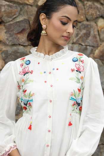 Desert Shine By Sulochana Jangir_White Chanderi Embroidery High Neck Nature Motif Shirt Dress_at_Aza_Fashions