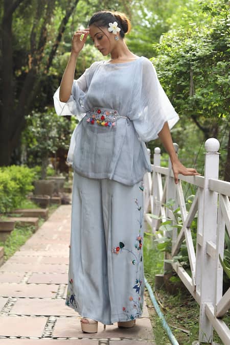 Buy_Desert Shine By Sulochana Jangir_Blue Chanderi Embroidery Round Neck Kaftan Top With Pant_Online_at_Aza_Fashions