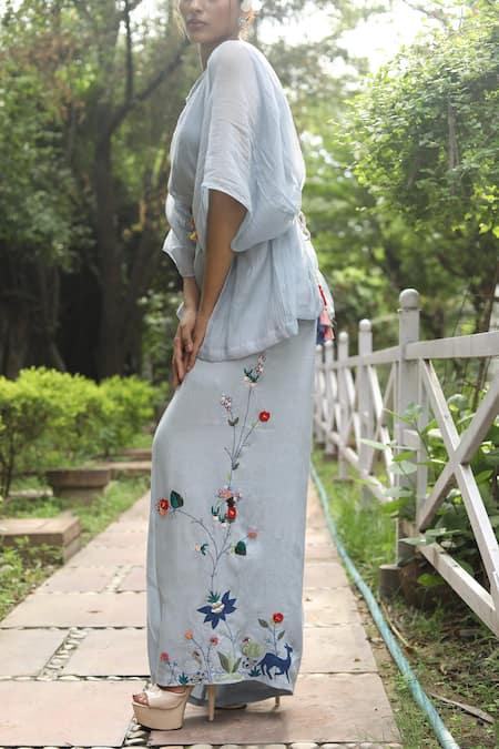 Shop_Desert Shine By Sulochana Jangir_Blue Chanderi Embroidery Round Neck Kaftan Top With Pant_Online_at_Aza_Fashions