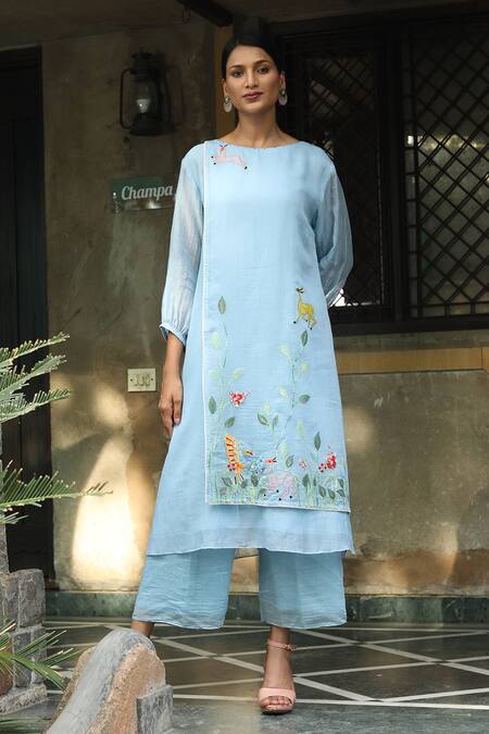 Buy_Desert Shine By Sulochana Jangir_Blue Chanderi Embroidery, Patchwork Round Neck Kurta And Pant Set_Online_at_Aza_Fashions