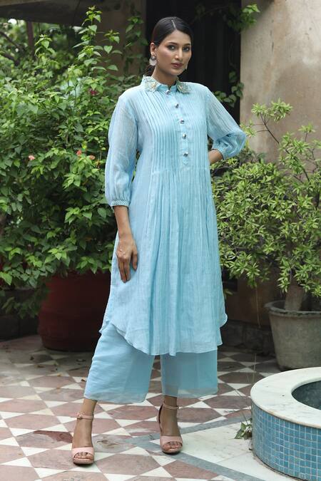 Buy_Desert Shine By Sulochana Jangir_Blue Chanderi Sequins, Beads, Patchwork Bandeau Embroidered Kurta And Pant Set_Online_at_Aza_Fashions