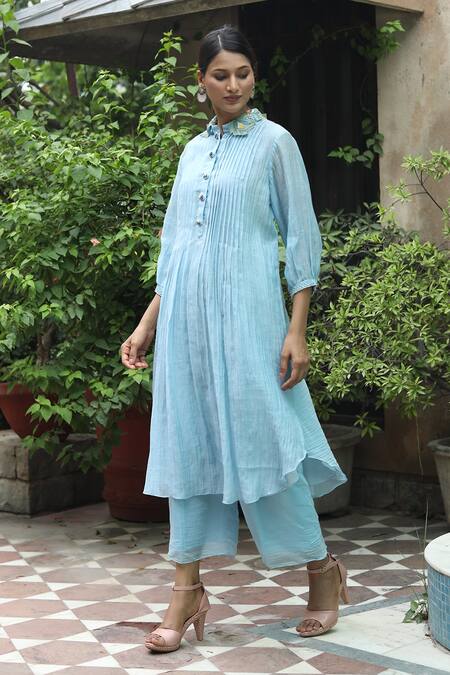 Shop_Desert Shine By Sulochana Jangir_Blue Chanderi Sequins, Beads, Patchwork Bandeau Embroidered Kurta And Pant Set_Online_at_Aza_Fashions