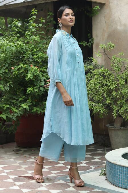 Desert Shine By Sulochana Jangir_Blue Chanderi Sequins, Beads, Patchwork Bandeau Embroidered Kurta And Pant Set_at_Aza_Fashions