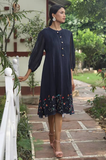 Buy_Desert Shine By Sulochana Jangir_Blue Chanderi Embroidery Round Neck Floral Jaal Aari Dress_Online_at_Aza_Fashions