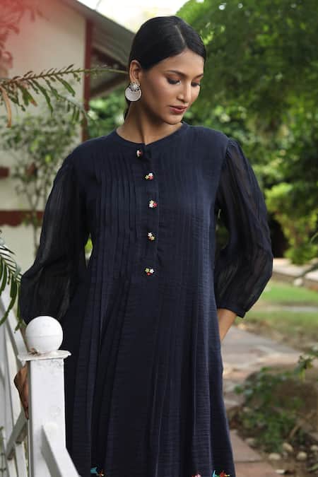 Shop_Desert Shine By Sulochana Jangir_Blue Chanderi Embroidery Round Neck Floral Jaal Aari Dress_Online_at_Aza_Fashions