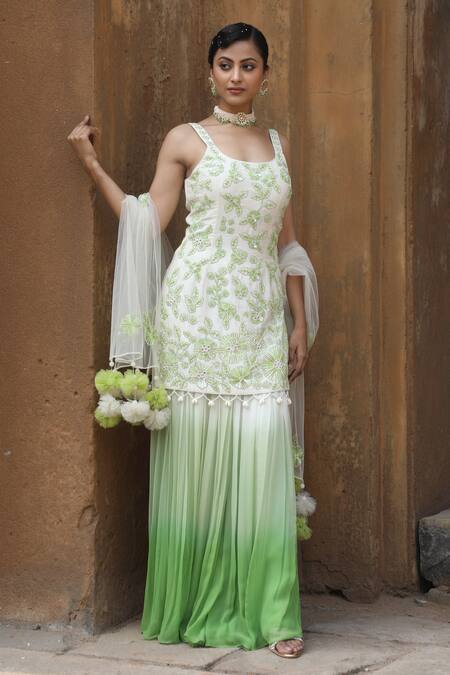 Buy_Nitisha Kashyap Official_Ivory Georgette, Net, Silk Sequins, Beads Floral Embroidered Kurta Sharara Set _Online_at_Aza_Fashions