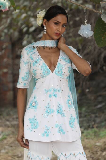 Shop_Nitisha Kashyap Official_Blue Net, Georgette, Silk Sequins, Beads Floral Embroidered Kurta Gharara Set 