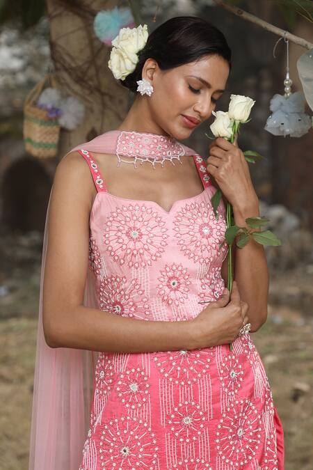 Nitisha Kashyap Official_Pink Georgette, Net, Silk Beads Split Ombre Floral Embroidered Kurta Sharara Set _Online_at_Aza_Fashions