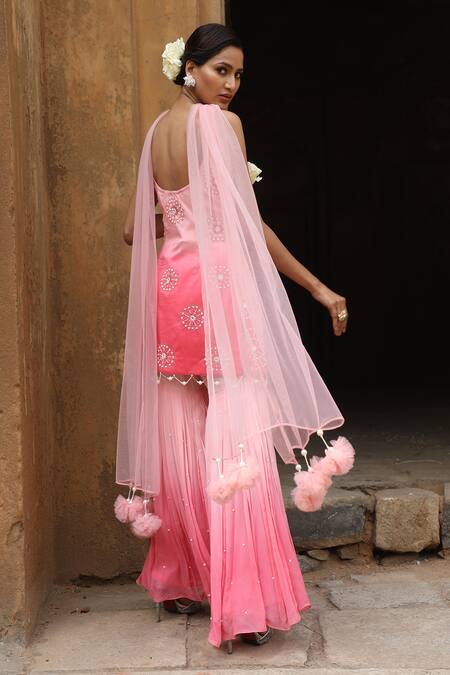 Shop_Nitisha Kashyap Official_Pink Georgette, Net, Silk Beads Split Ombre Floral Embroidered Kurta Sharara Set 