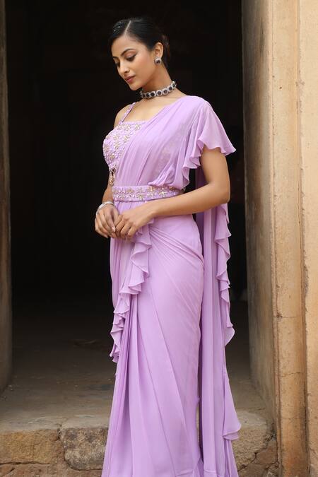 Nitisha Kashyap Official_Purple Georgette, Silk Mirrors, Beads, Zari Lilac Pre-draped Ruffle Saree Set _Online_at_Aza_Fashions