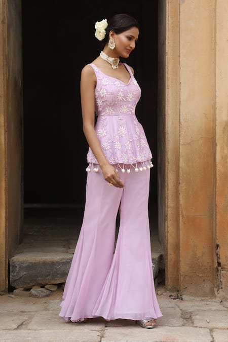 Buy_Nitisha Kashyap Official_Purple Georgette, Silk Embroidery, Sequins, Floral Peplum Kurta And Sharara Set _Online_at_Aza_Fashions