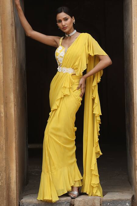 Nitisha Kashyap Official_Yellow Georgette, Silk Sequins, Beads, Zari, Pre-draped Ruffle Saree Set _Online_at_Aza_Fashions