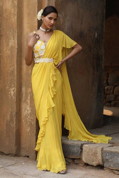 Buy_Nitisha Kashyap Official_Yellow Georgette, Silk Sequins, Beads, Zari, Pre-draped Ruffle Saree Set _Online_at_Aza_Fashions