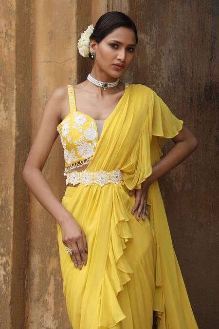 Shop_Nitisha Kashyap Official_Yellow Georgette, Silk Sequins, Beads, Zari, Pre-draped Ruffle Saree Set _Online_at_Aza_Fashions