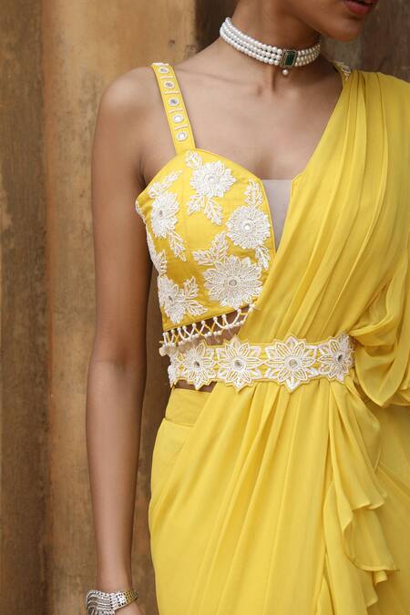 Nitisha Kashyap Official_Yellow Georgette, Silk Sequins, Beads, Zari, Pre-draped Ruffle Saree Set _at_Aza_Fashions