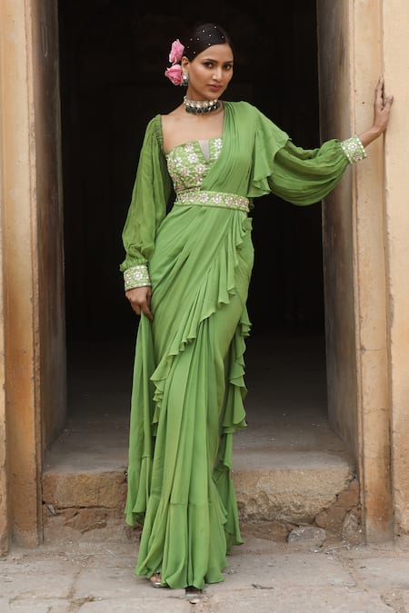 Nitisha Kashyap Official_Green Georgette, Silk Beads, Cut Work, Pre-draped Ruffle Saree Bustier Set _Online_at_Aza_Fashions