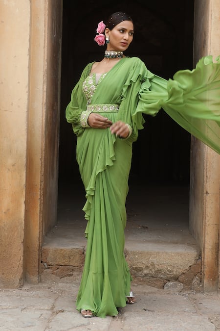 Buy_Nitisha Kashyap Official_Green Georgette, Silk Beads, Cut Work, Pre-draped Ruffle Saree Bustier Set _Online_at_Aza_Fashions
