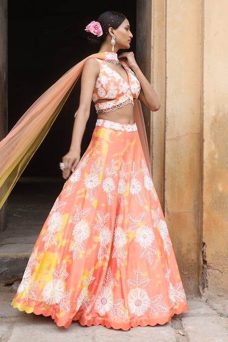 Buy_Nitisha Kashyap Official_Peach Silk, Net Mirrors, Beads, Sequins Tie And Dye Floral Embroidered Lehenga Set _Online_at_Aza_Fashions